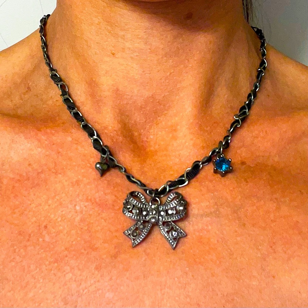 Betsey Johnson Bow Charm Necklace with Key & Gem Accents